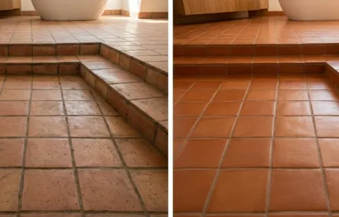 Before and after Saltillo tile cleaning and restoration — Mesilla NM, near historic Mesilla Plaza