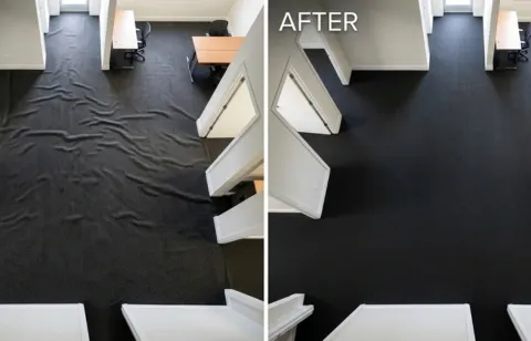 Before and after commercial corridor carpet stretching — Mesilla Valley Business Park, Las Cruces NM
