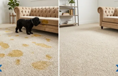 Before and after pet urine carpet cleaning, two senior dogs — Old Mesilla Plaza, Mesilla NM