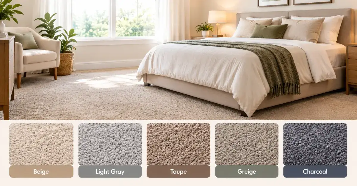 Bedroom carpet color guide showing beige, light gray, taupe, greige, and charcoal options in a styled bedroom setting