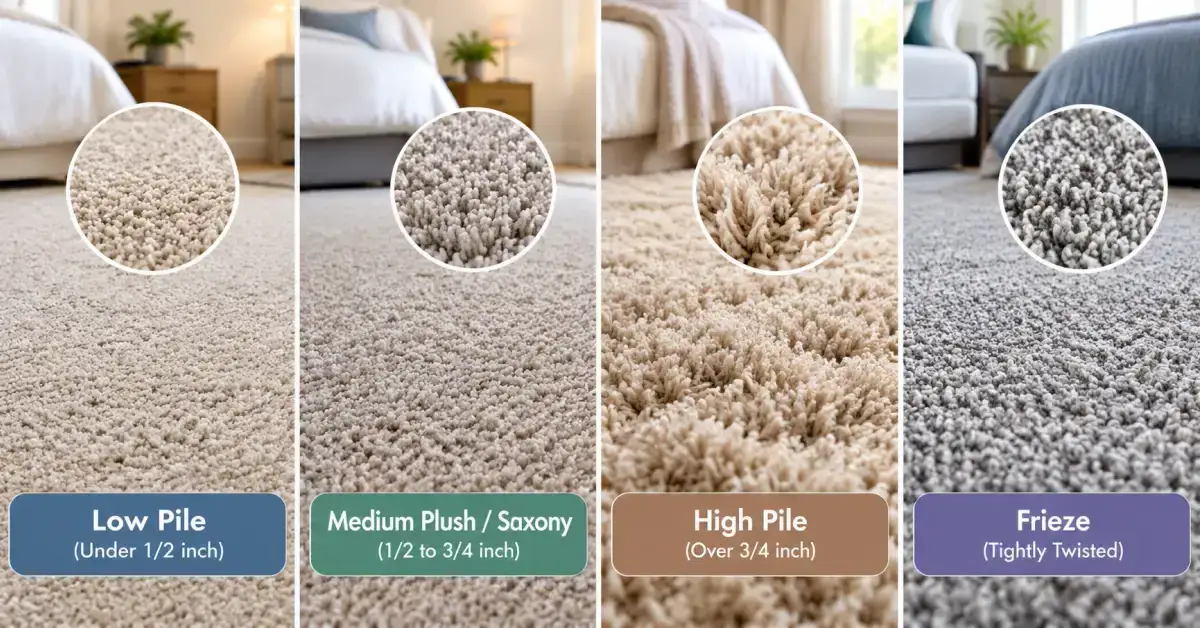 Comparison of low pile, medium plush/Saxony, high pile, and frieze bedroom carpet textures with pile height ranges