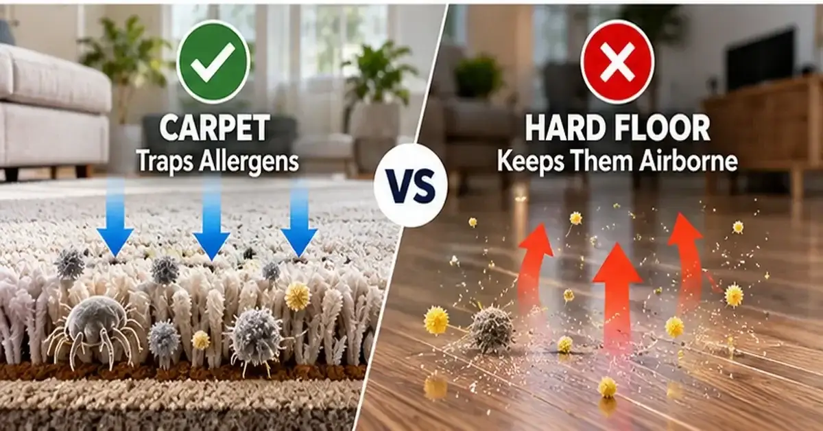 Carpet traps allergens while hard floor keeps them airborne