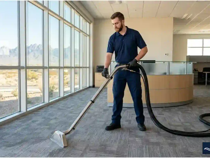 Bliss Carpet Cleaning technician performing commercial carpet cleaning in a Las Cruces NM business