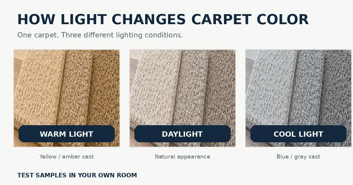 How light changes carpet color under warm, daylight, and cool lighting