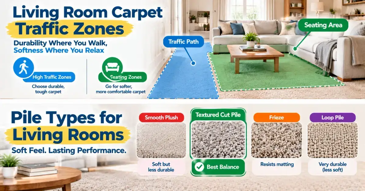 Living room carpet traffic zones and pile types comparison