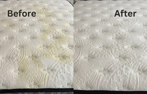 Before and after professional mattress cleaning — yellow stain and pet odor removal, East Las Cruces NM