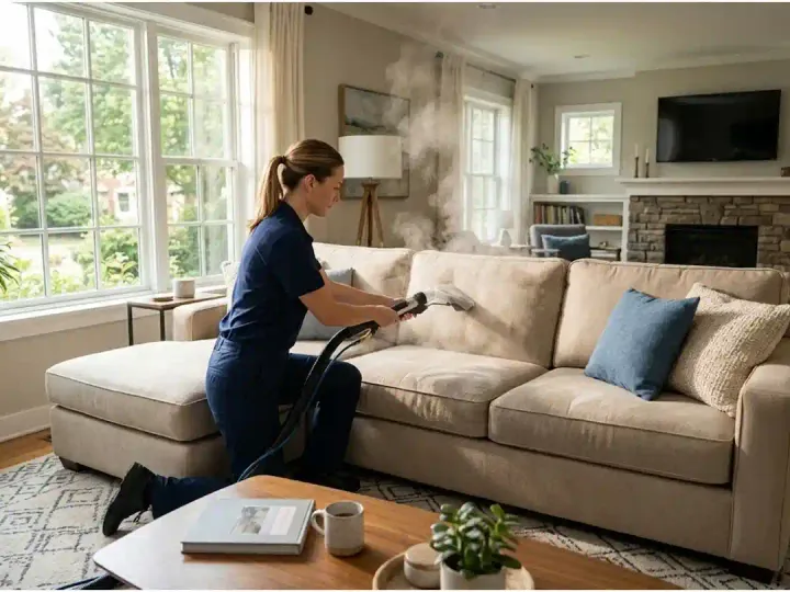 Bliss Carpet Cleaning technician performing professional upholstery cleaning in Las Cruces NM
