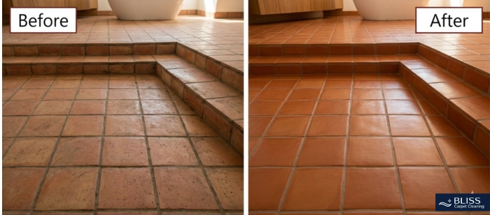 Before and after Saltillo tile cleaning restoration Mesilla NM near historic Mesilla Plaza