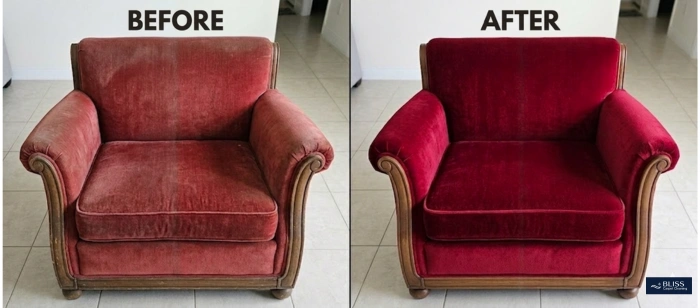 Before and after antique velvet armchair upholstery cleaning Dona Ana NM