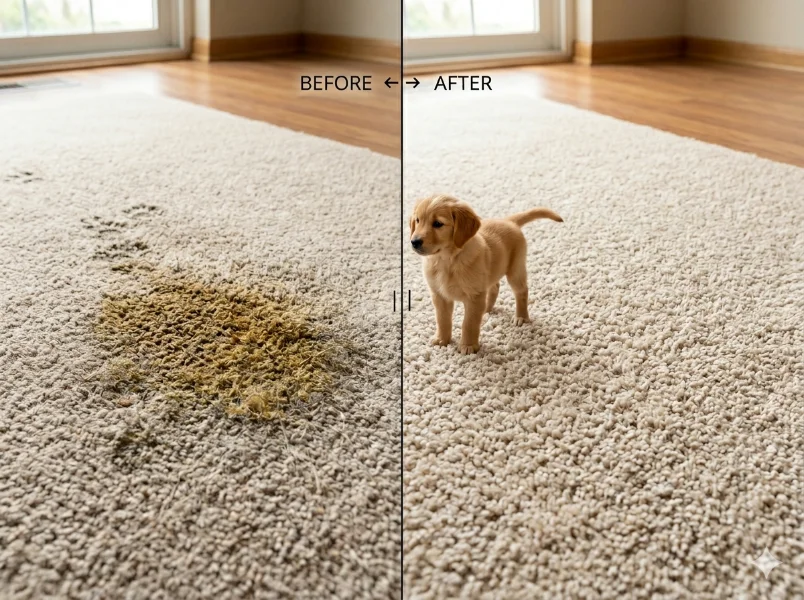 Before and after professional pet stain removal on carpet in Las Cruces NM Bliss Carpet Cleaning