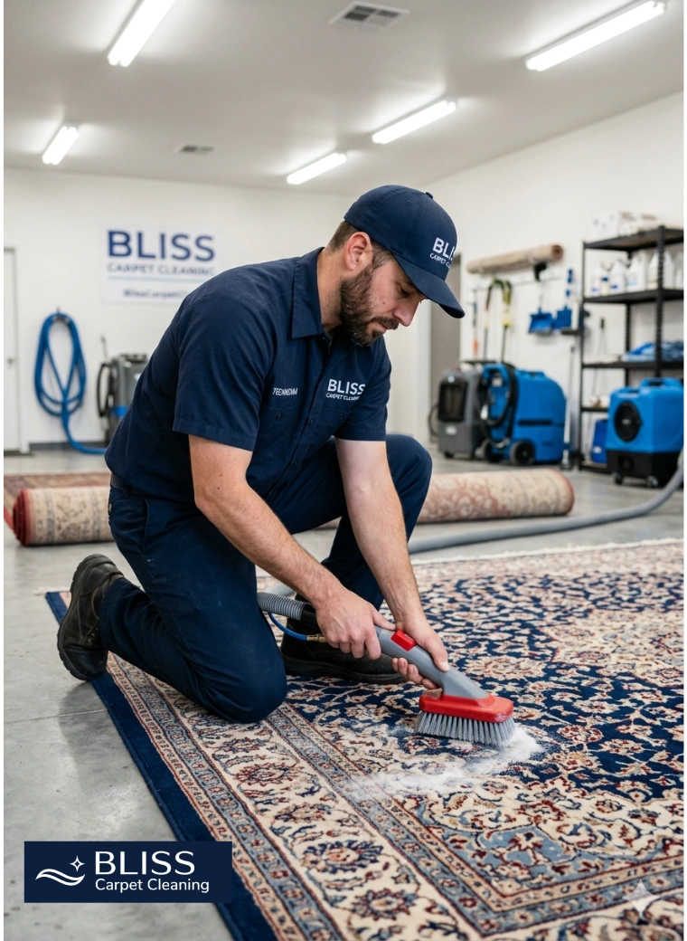 Rug Cleaning Las Cruces Nm 3 Bliss Carpet Cleaning team member professionally cleaning a rug in Las Cruces NM