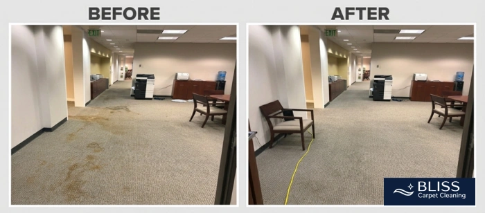 Before and after commercial carpet cleaning stain trails I 10 corridor Dona Ana County NM