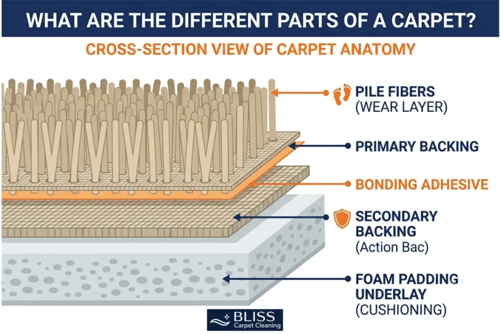 Carpet anatomy cross-section diagram showing pile, backing, and padding