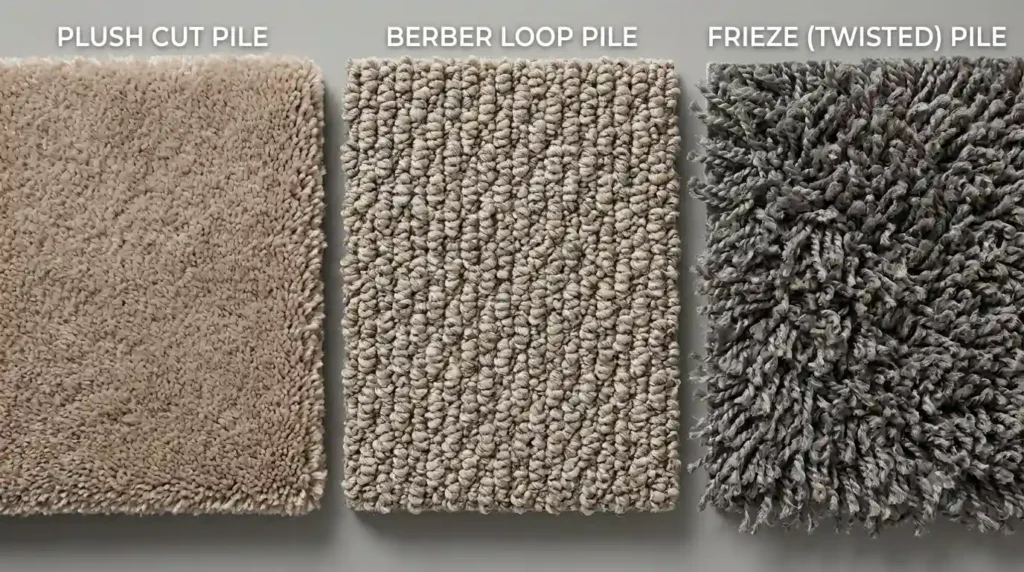 Comparison of cut pile, loop pile, and frieze carpet styles