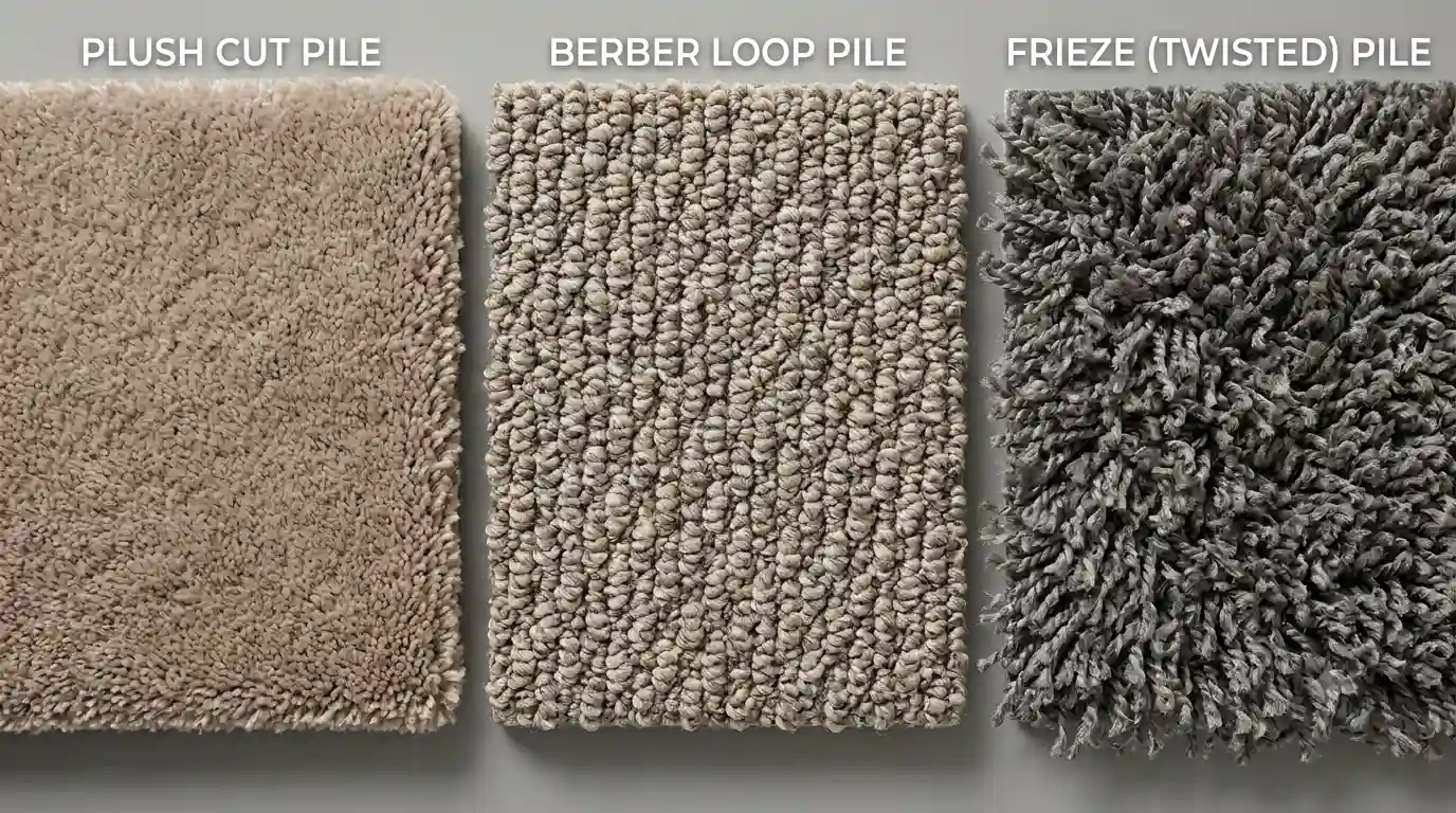 Comparison of cut pile, loop pile, and frieze carpet styles